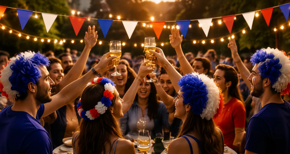 Autour d’une table dressée en plein air, des convives coiffés de perruques bleu blanc rouge trinquent sous des guirlandes de fanions tricolores et d’ampoules, au soleil couchant