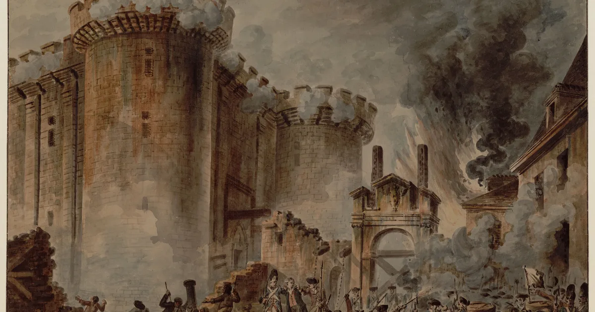 Aquarelle de Jean-Pierre Houël (1789) : la foule armée assaille la forteresse de la Bastille dans la fumée des tirs.