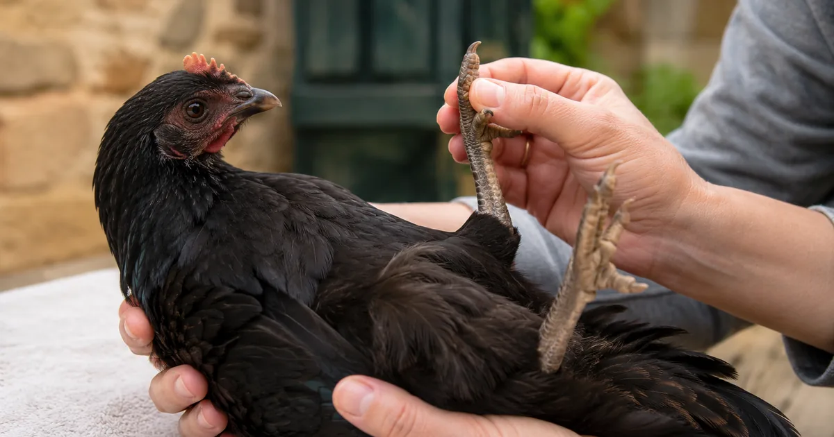 Furiosa, poule Noire de Janzé au plumage noir, tenue sur le dos entre deux mains, une patte mobilisée entre les doigts pendant ses exercices