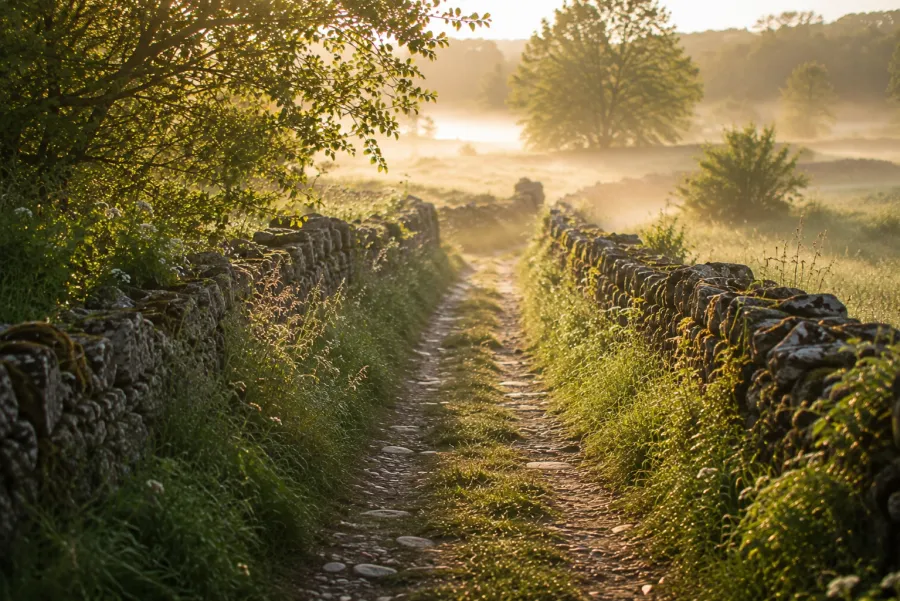 Illustration d’ambiance : un chemin rural entre les champs et les haies.