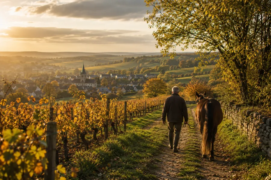 Illustration d’ambiance : un homme promène un cheval sur un chemin, vignes et village au loin.