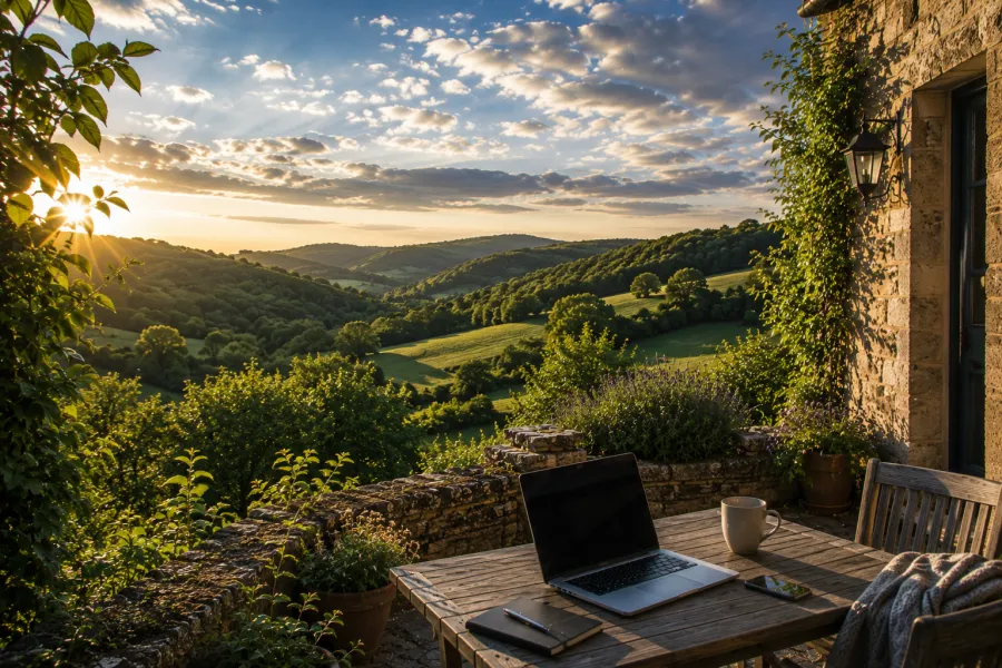 Illustration d’ambiance : un ordinateur portable sur une table, terrasse de pierre ouverte sur la campagne.